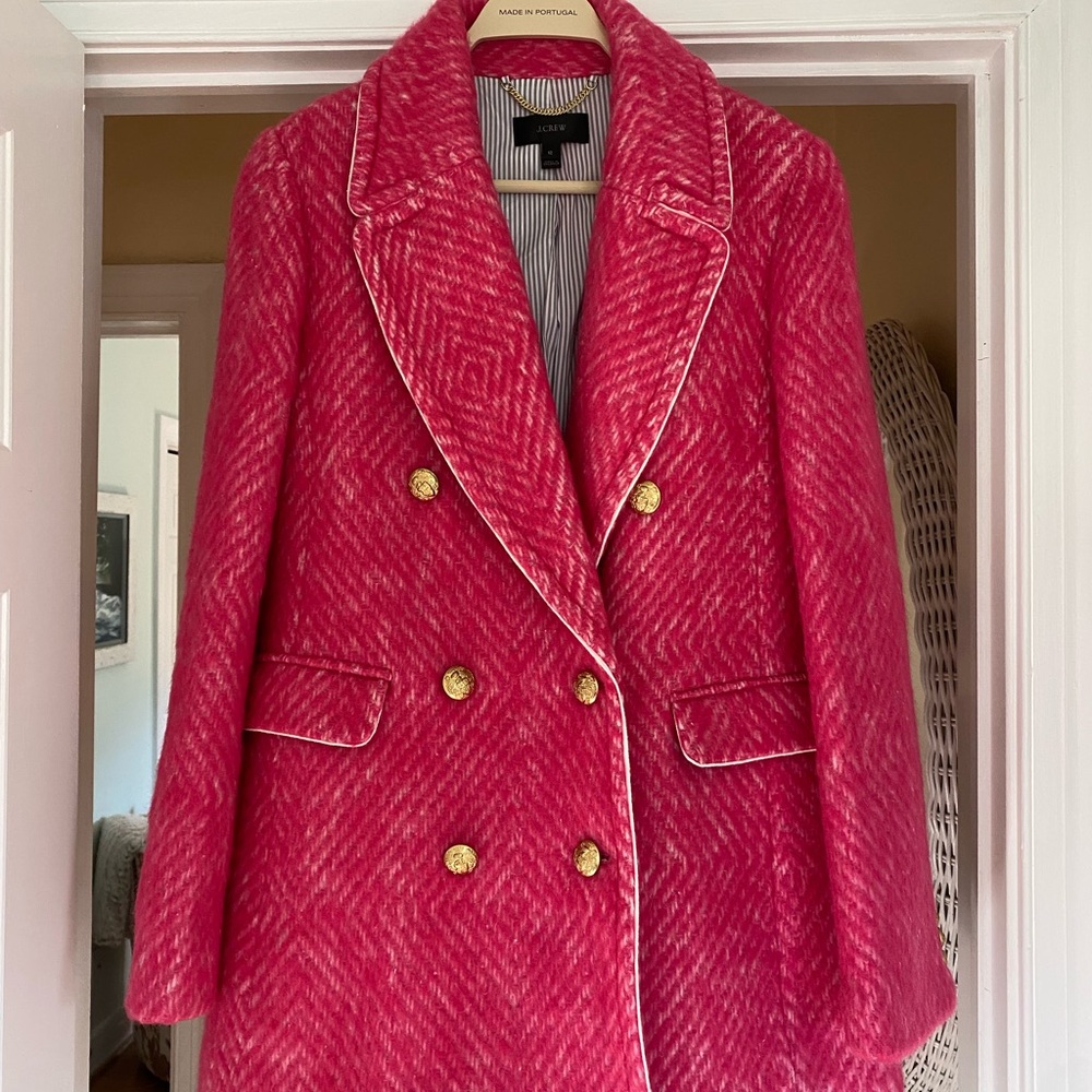 J. Crew Vibrant Pink Pea Coat with Gold Accents